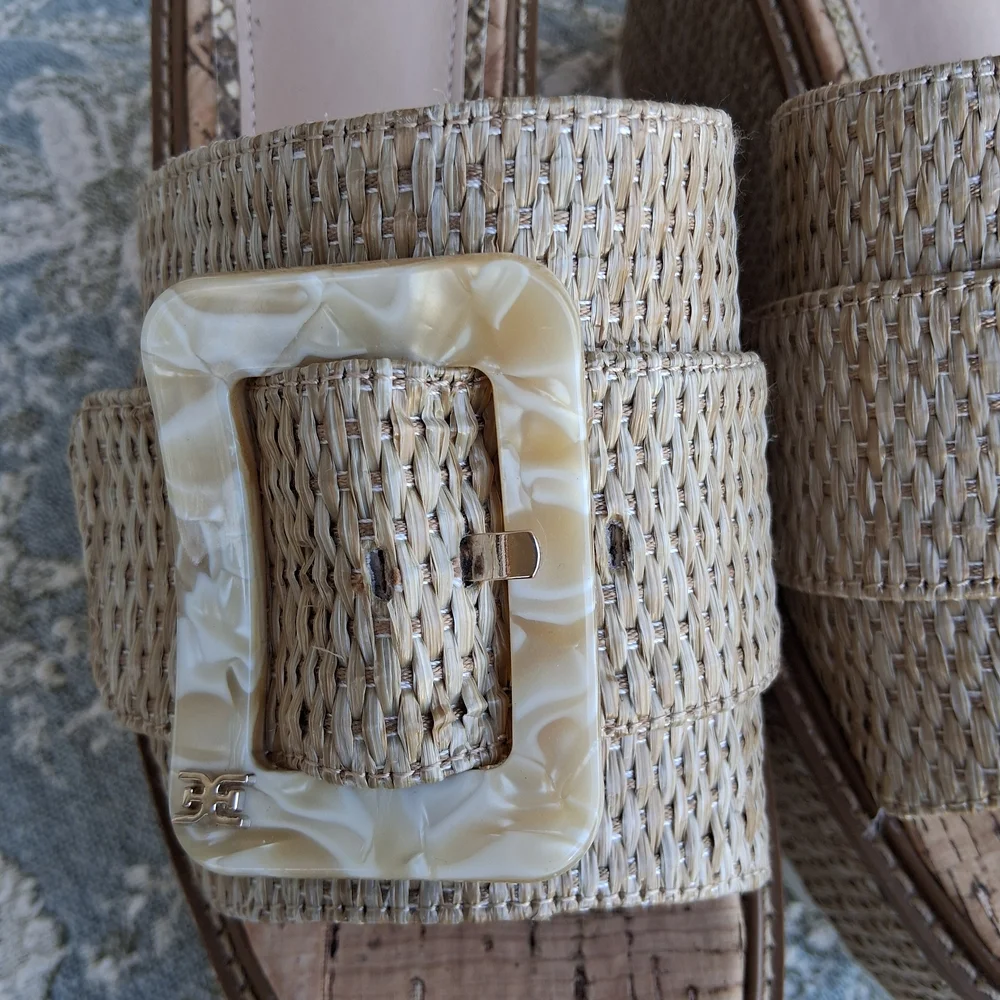 Sam Edelman Raffia Platform Slides 9 Woven Buckle Chunky Sandals Boho Festival - Picture 12 of 17